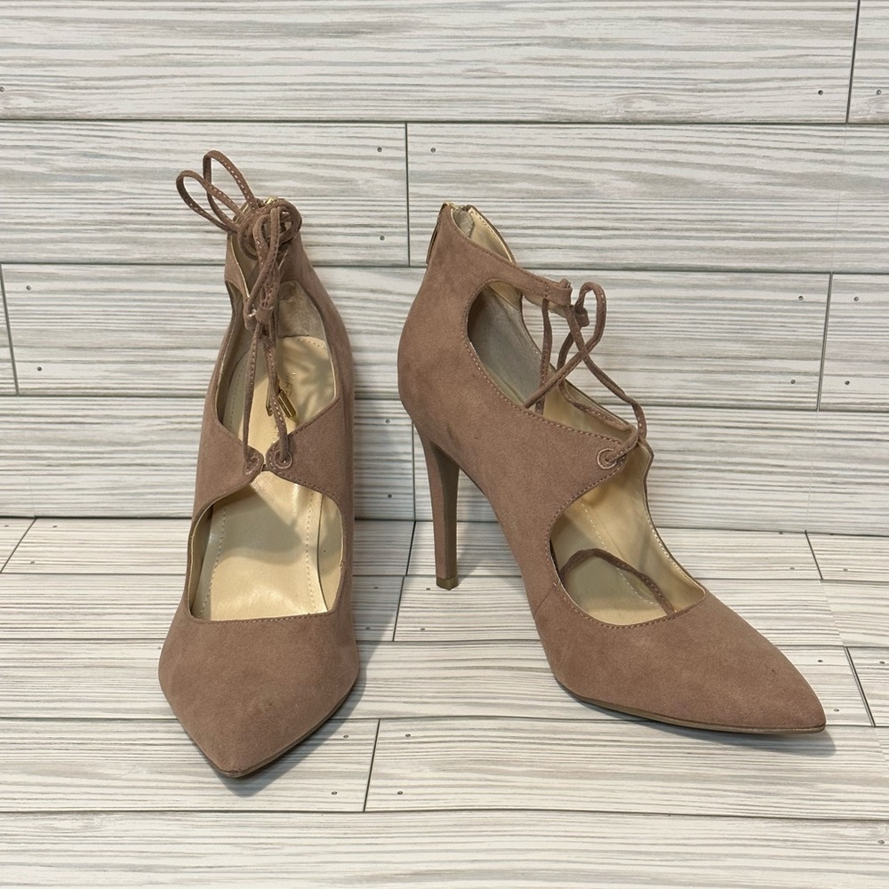 Marc Fisher Pink Suede Tie Up Heels Zip Back Sz 9.5 M